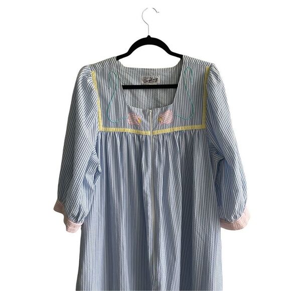 SAYBURY Vintage Striped Seersucker Housecoat Nightgown Nightdress Blue White L - Picture 6 of 9